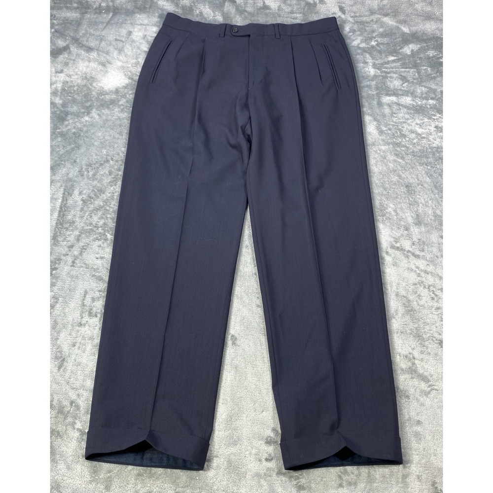 Ermenegildo Zegna Su Misura Pants Men Fits 35x30 Navy Blue Pleated Chino Cuffed